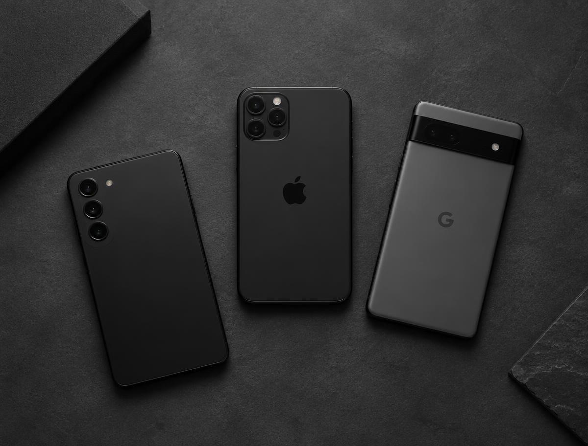 Refurbished smartphones laid out on a dark surface